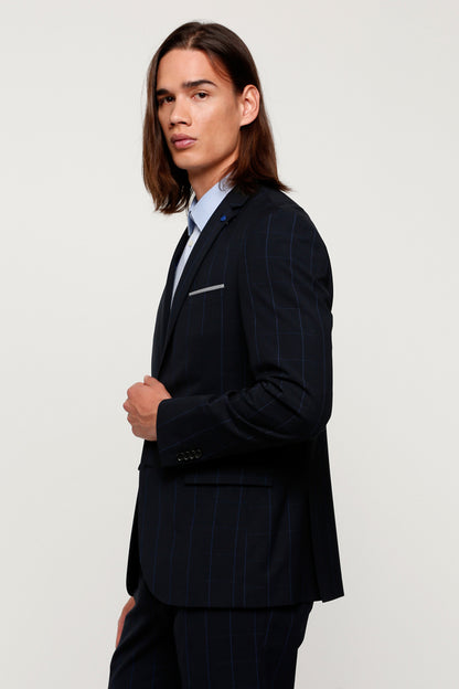 Navy pinstripe suit jacket side view with flap pocket and button cuffs