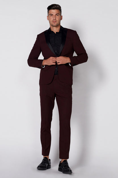 Men's maroon suit jacket with matching trousers and black shirt underneath