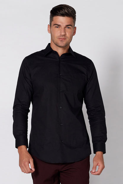 Men's black button-up shirt with burgundy trousers