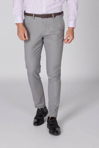 Grey dress pants with belt, button and fly front, slim tapered legs