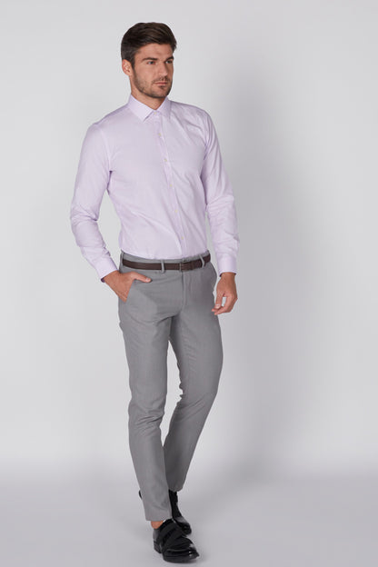 Grey slim-fit dress pants with belt, tapered legs, ankle cuffs