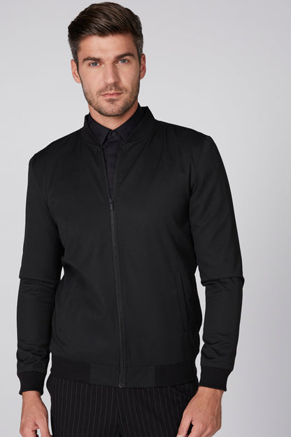 Black zip-up jacket with stand collar and ribbed cuffs