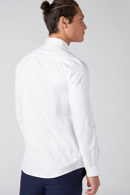 White button-up dress shirt, side profile with long sleeves and button front
