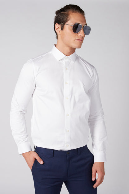 White button-up dress shirt with collar and button placket, long sleeves