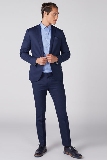 Men's blue blazer and trousers set with button-up shirt