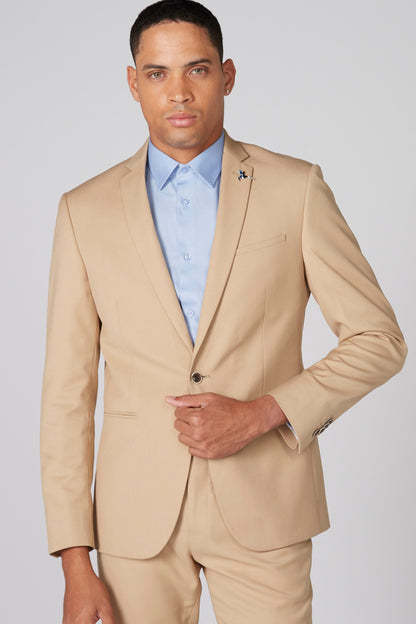 Beige men's blazer and matching trousers, notched lapel, single-breasted