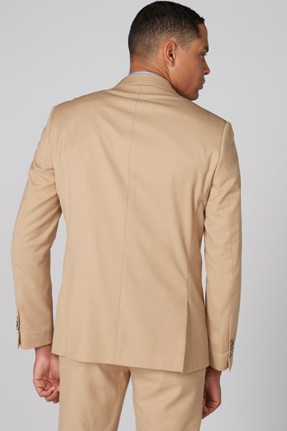 Beige men's suit blazer with center-back seam, matching trousers, rear view