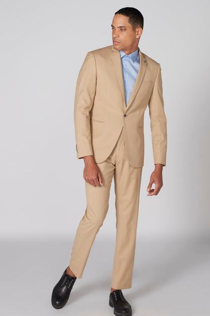 Beige men's two-piece suit with blazer and trousers, single button, side view