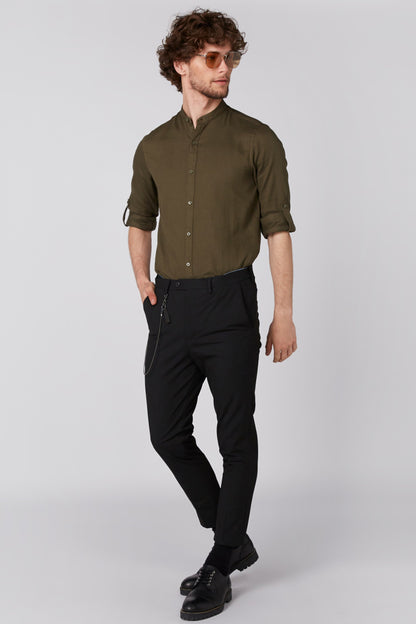 Splash black pants with side chain and snap button pocket detail, belt loops