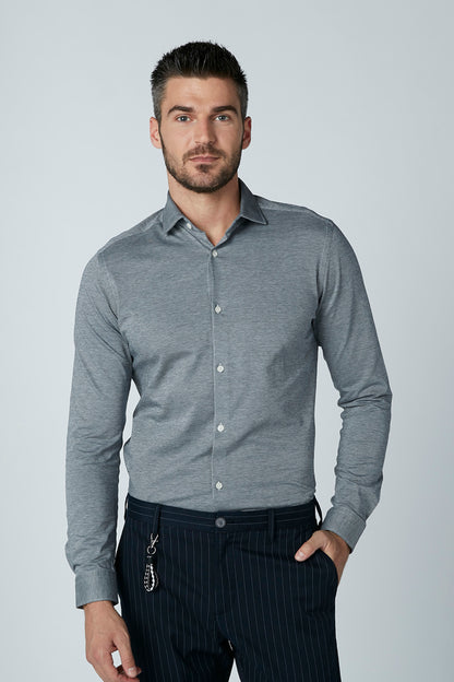 Men's grey long-sleeve button-up shirt with collared neck and white button front