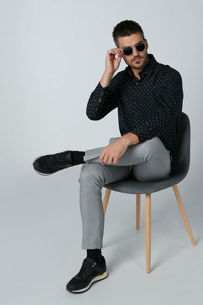 Men's grey dress pants, slim fit, with front crease and belt loops