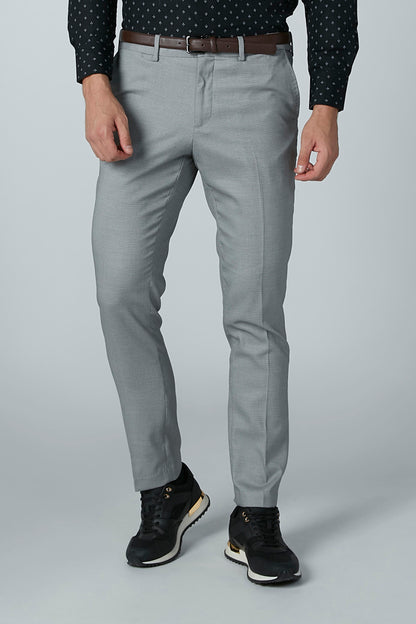 Men's grey straight-leg dress pants with brown belt