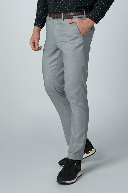 Men's grey slim-fit dress pants with belt loops and zip fly