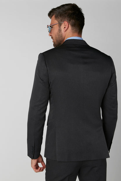 Men's dark suit jacket, back view with shoulder seam and straight hem