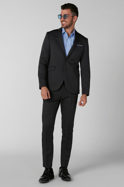Men's dark suit set with single-breasted jacket and trousers, full-body front view