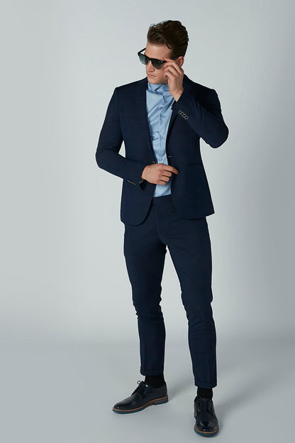 Men's navy blue suit jacket and trousers, button-front style