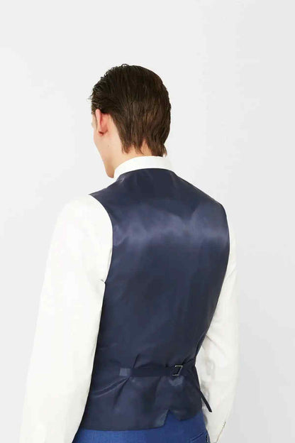 Men's blue suit vest back view with adjustable strap detail