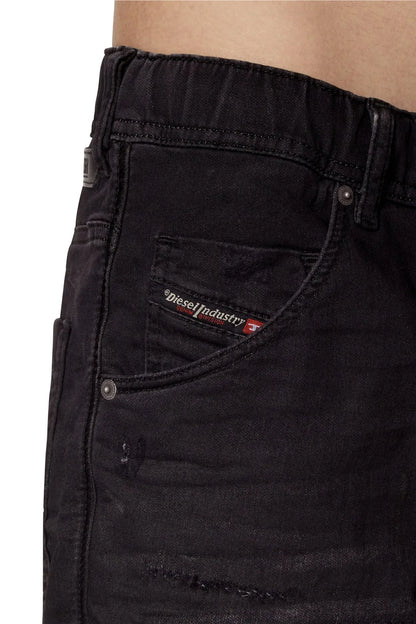 Diesel black denim shorts detail: button fly and logo patch