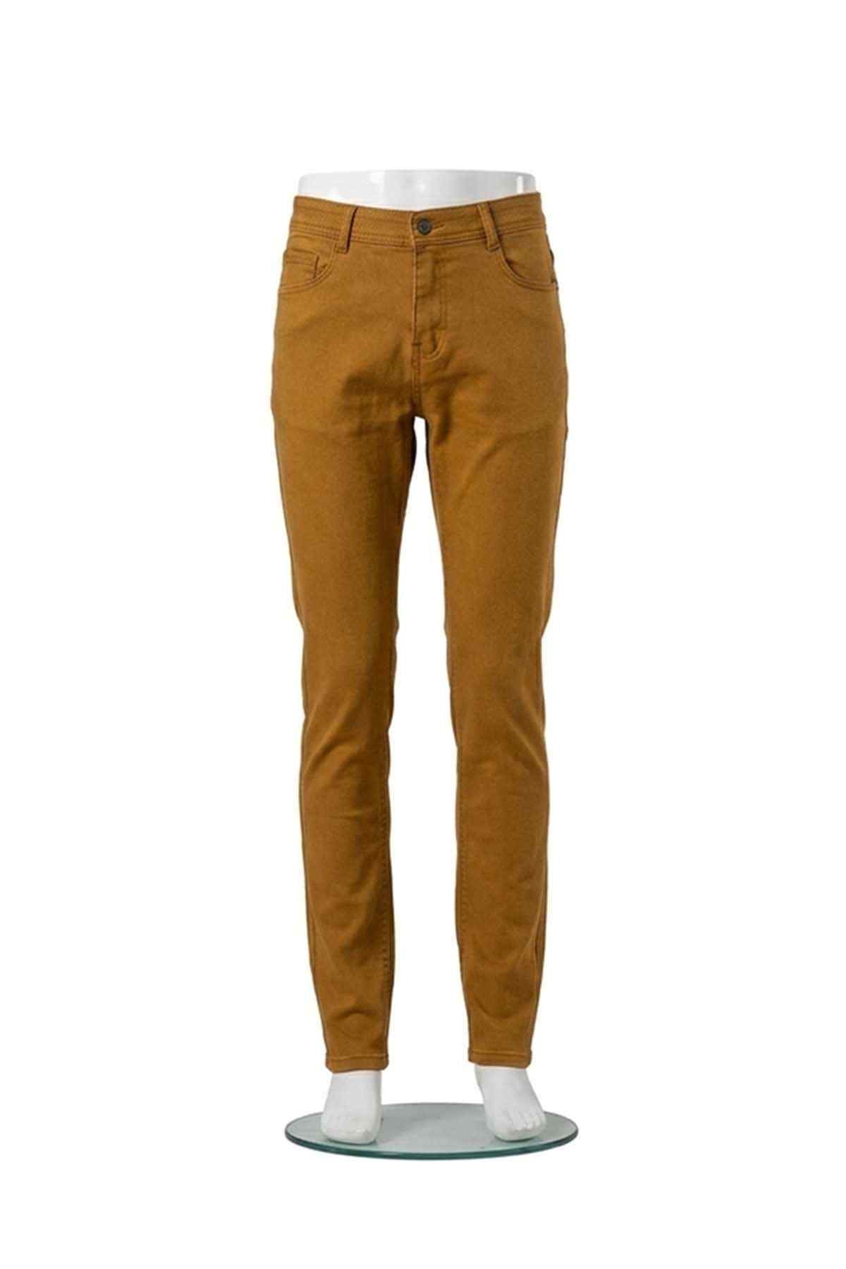 Mustard slim-fit chinos with belt loops, zip fly, and side pockets