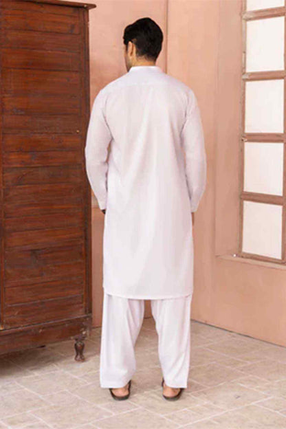 Men's white kurta and pajama pants set, plain back view
