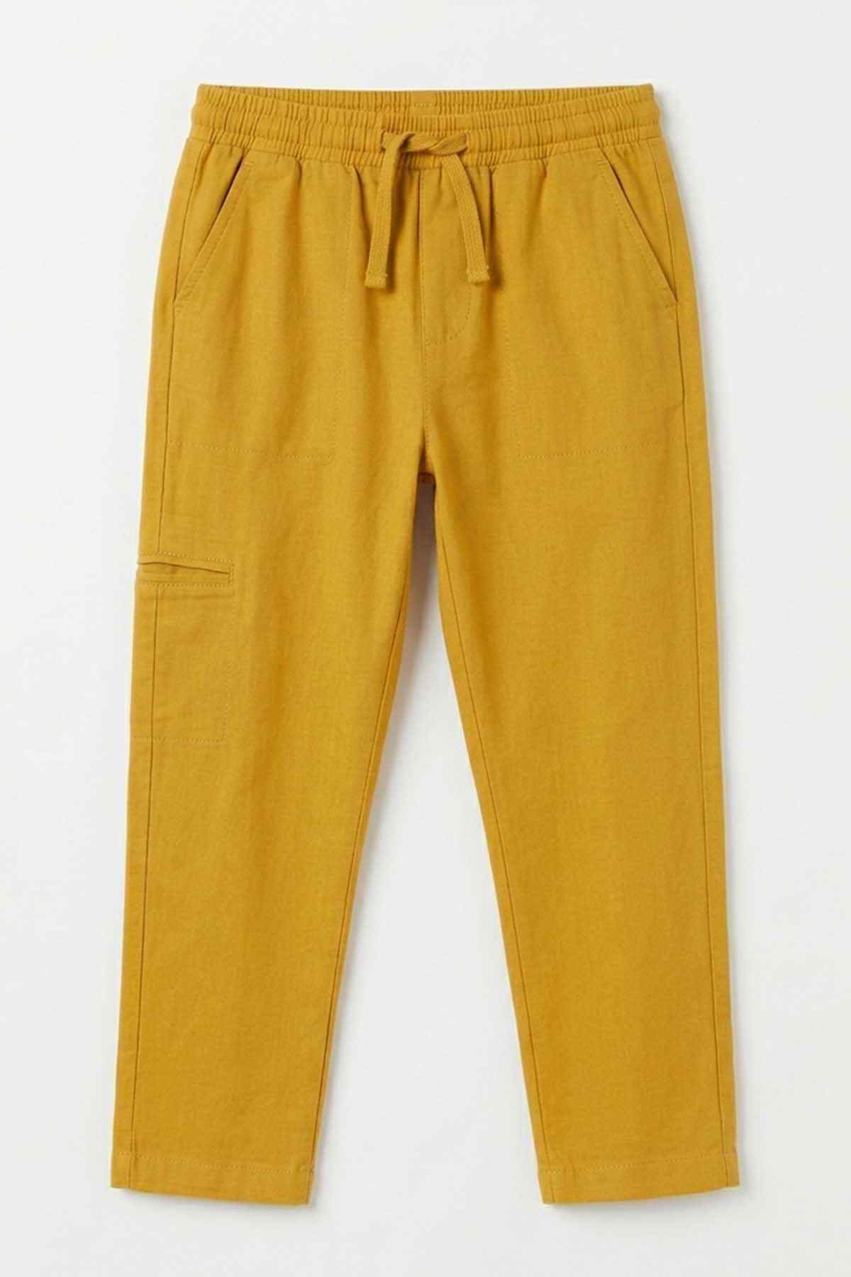 Kids' yellow straight-leg pants with elastic waistband and tie front