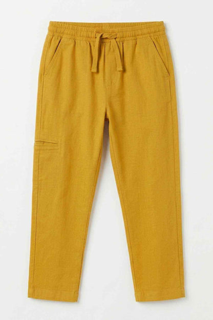 Kids' yellow straight-leg pants with elastic waistband and tie front