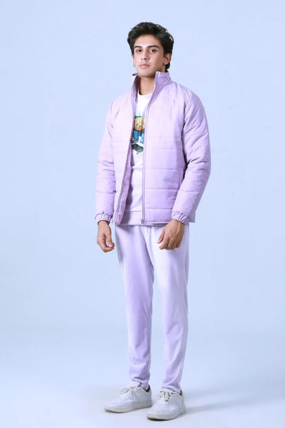 Lavender quilted jacket with full zipper and stand collar, straight hem and elastic cuffs