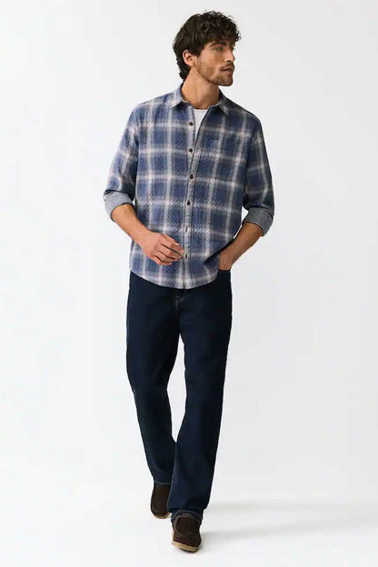 Men’s blue plaid button-up shirt with long sleeves and button front