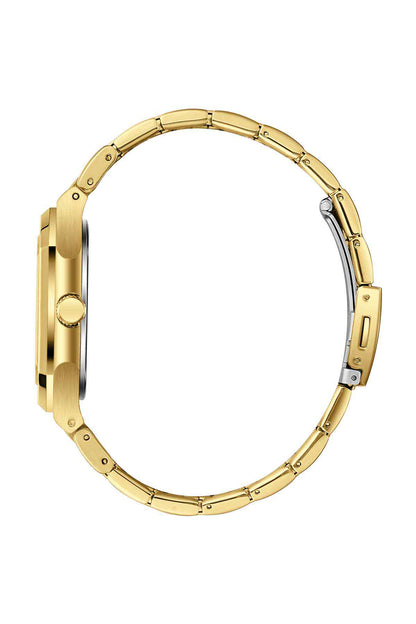 Gold wristwatch view from side, metal bracelet links and crown