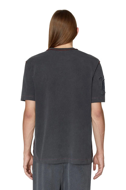 Diesel dark grey T-shirt back view with red-stitched crew neck and hem