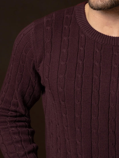 Brumano burgundy cable knit sweater sleeve and textured stitches