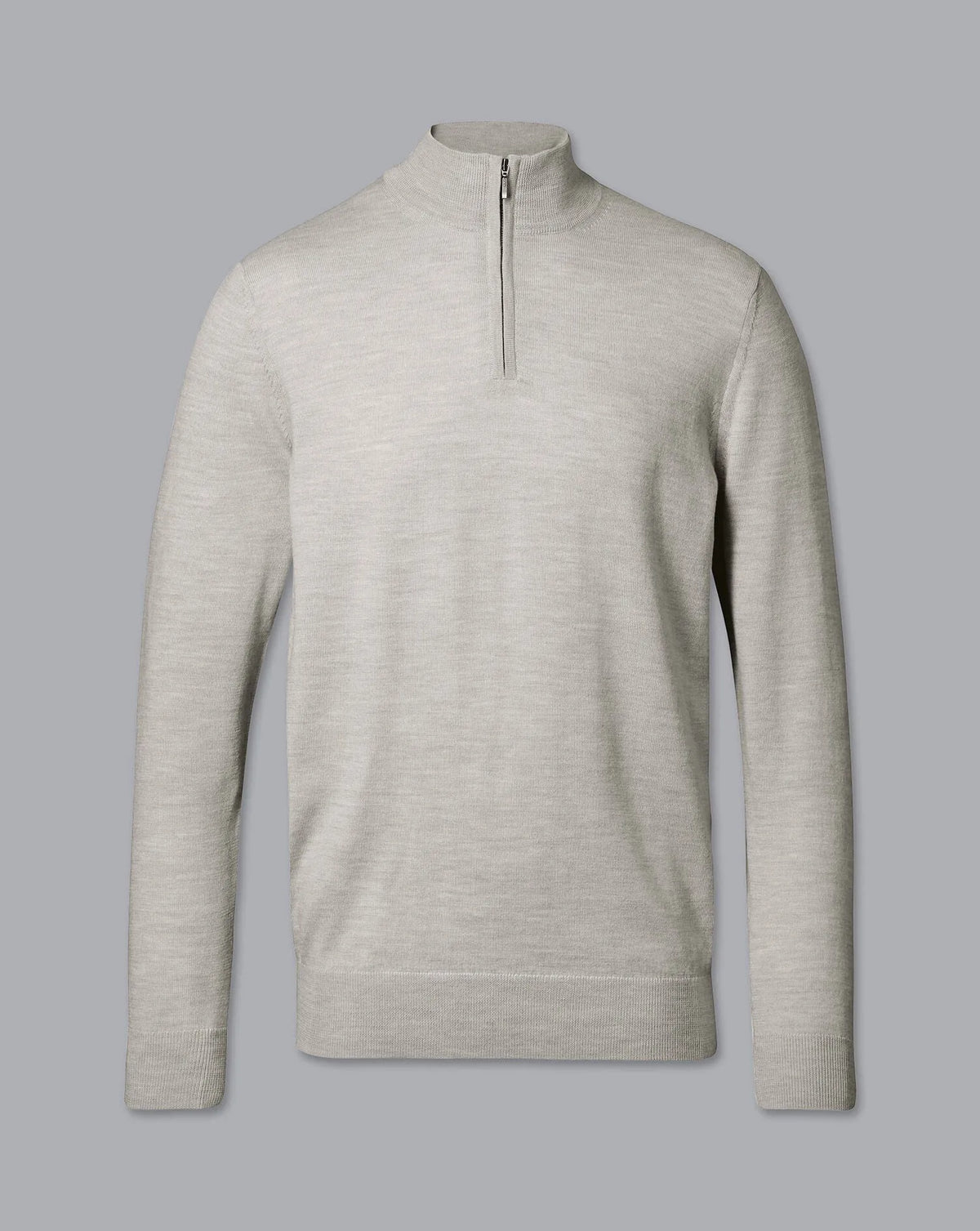Men's grey quarter-zip knit sweater, long sleeve front view