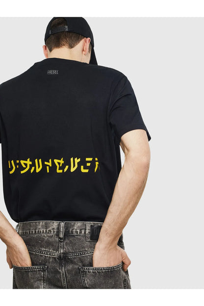 Black T-shirt back view with yellow text graphic across upper back