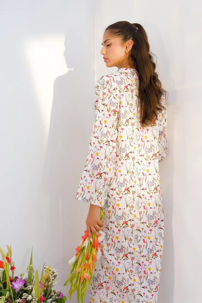 Floral print long-sleeve midi dress, back view with tiered hem, white and multicolor
