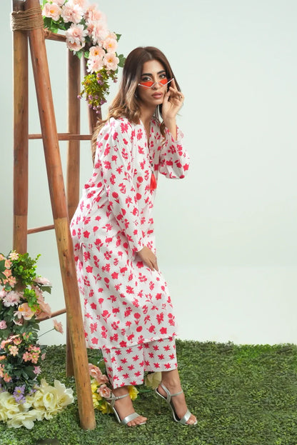 Dhaga white floral kurta dress with red print, 3/4 sleeves
