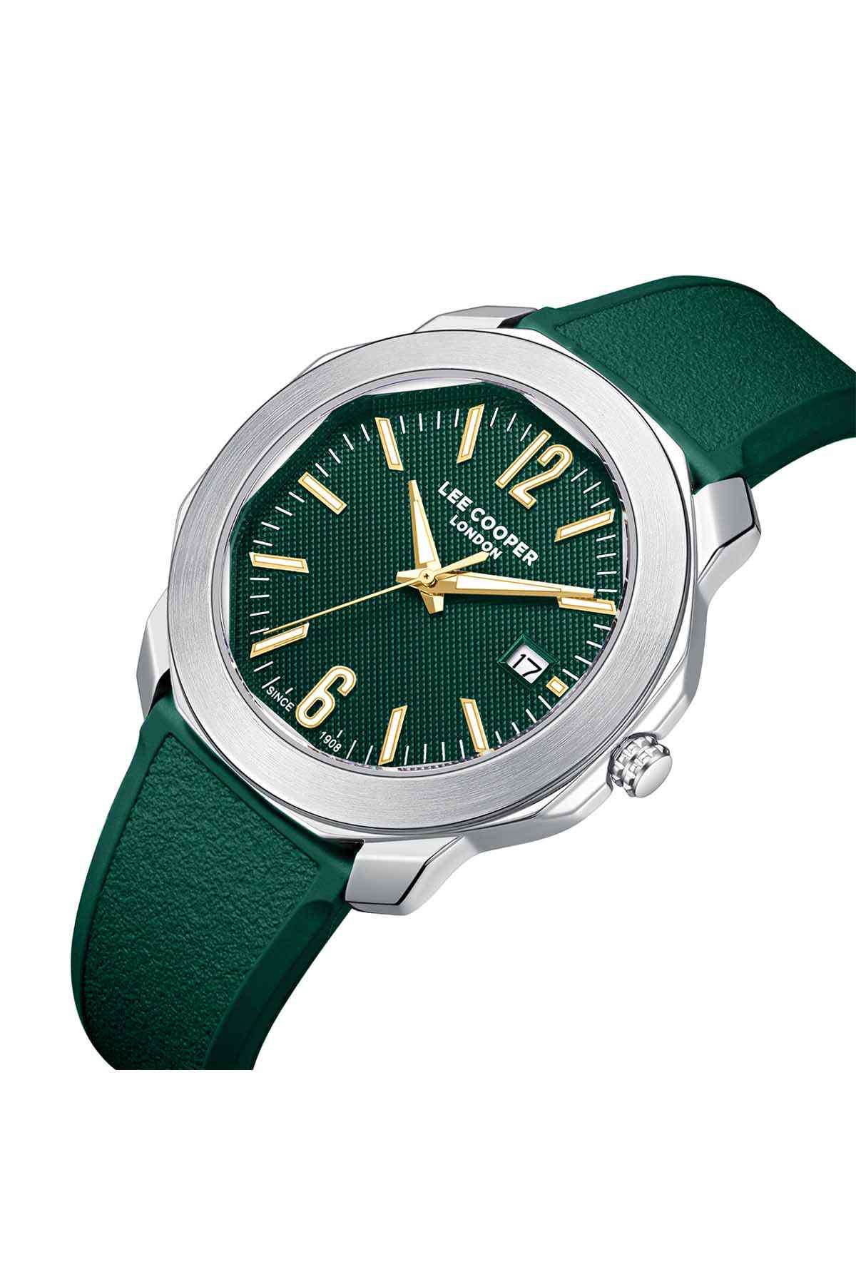Dark green dial analog wristwatch with gold-tone hands, silver-tone bezel