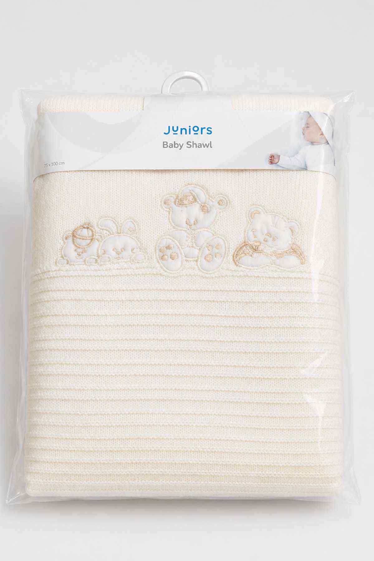 BABYSHOP cream baby shawl swaddling blanket with border embroidery, folded in package