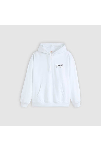 Levi's white hoodie with hood, front zipper, and small chest logo