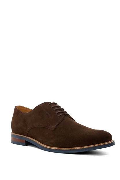 Brown suede lace-up oxford shoe with blue-and-orange stripe sole detail