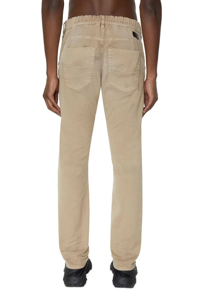 Khaki jeans rear view with belt loops and back patch pockets
