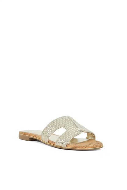 Gold metallic woven slide sandal, flat sole and open toe