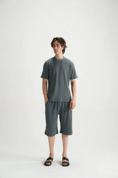 Gray two-piece lounge set with short-sleeve T-shirt and knee-length shorts