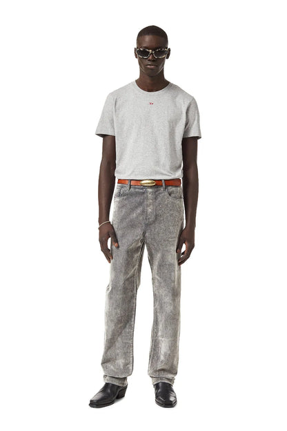 Grey Diesel crew-neck T-shirt with small red chest logo, worn with jeans
