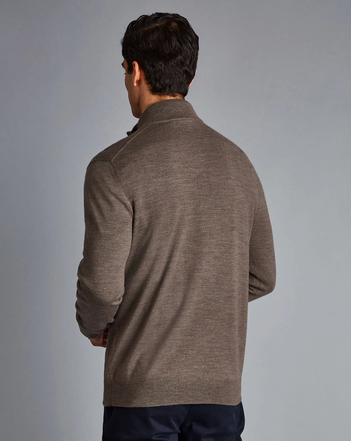 Men's brown quarter-zip knit sweater back view, long sleeves