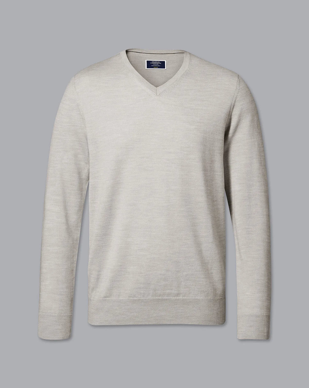 Men's grey V-neck knit sweater, flat lay with long sleeves