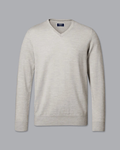 Men's grey V-neck knit sweater, flat lay with long sleeves