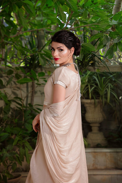 Beige velour draped dress, side view, short sleeves and beaded neckline