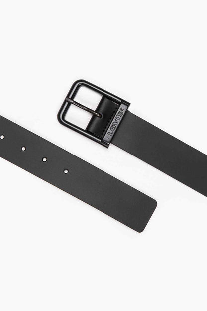 Levi's black belt strap with square buckle and visible adjustment holes