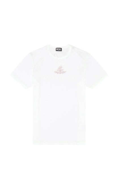 White crew-neck T-shirt with small pink chest logo and Diesel neck label