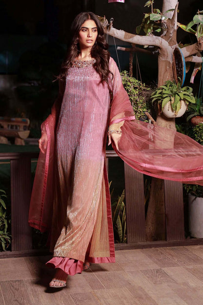 Velour rose pink long dress with sequin neckline, long sleeves and matching dupatta